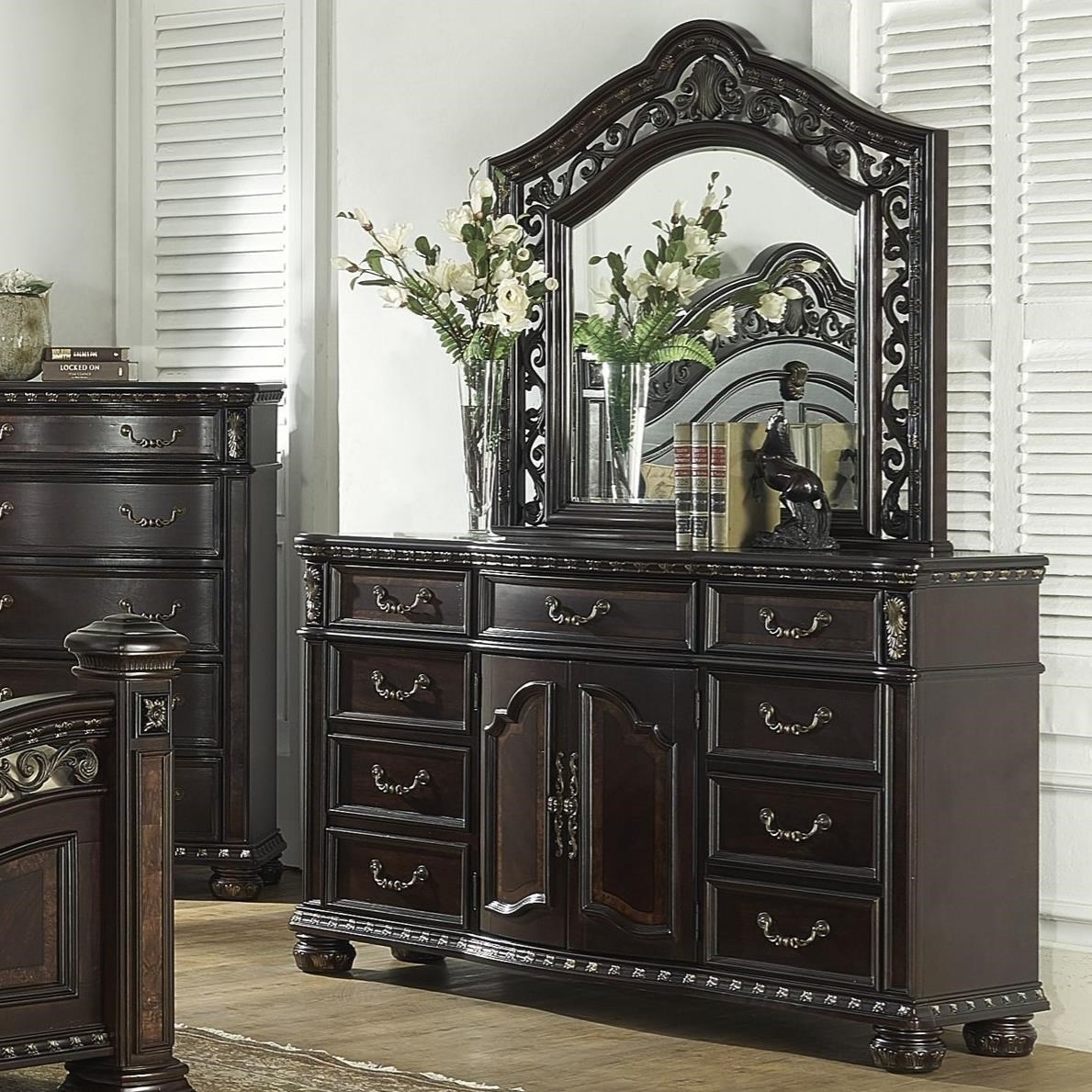 Steve Silver Monte Carlo Traditional 9 Drawer Dresser and Arched Mirror